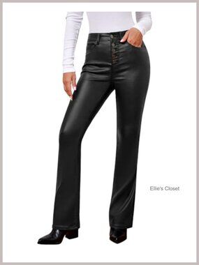 High Waisted Stretchy Faux Leather Look Flare Jeans Button Fly Bell Bottom Pants